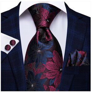 Mens Silk, Floral Tie - Navy and Dark Red